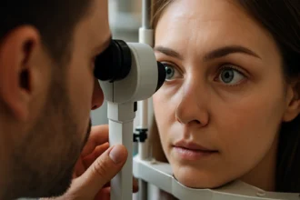 Očný test: Lekár vyšetruje zrak pacientky pomocou prístroja.