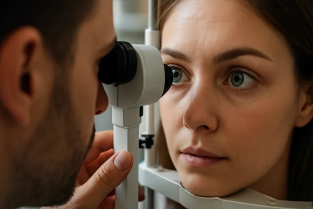 Očný test: Lekár vyšetruje zrak pacientky pomocou prístroja.