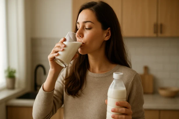 Žena pije kefír z pohára a drží fľašu kefíru v kuchyni.