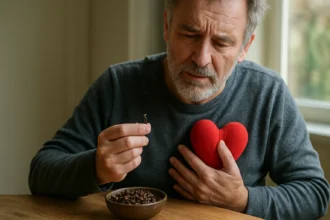 Muž s klinčekom a červeným srdcom, symbolizujúci zdravie srdca.