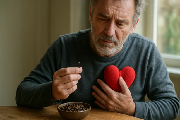Muž s klinčekom a červeným srdcom, symbolizujúci zdravie srdca.