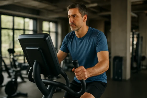 Muž cvičiaci na eliptickom trenažéri v posilňovni