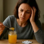 Žena s plným pohárom zázračnej ingrediencie a liekmi, zamyslená.