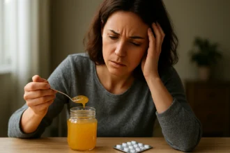 Žena s plným pohárom zázračnej ingrediencie a liekmi, zamyslená.