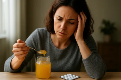 Žena s plným pohárom zázračnej ingrediencie a liekmi, zamyslená.