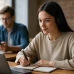 Mladá žena sa učí prostredníctvom digitálneho vzdelávania v modernom prostredí.