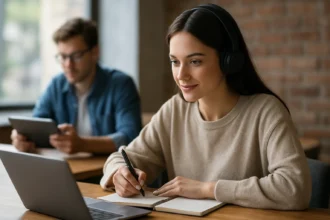 Mladá žena sa učí prostredníctvom digitálneho vzdelávania v modernom prostredí.