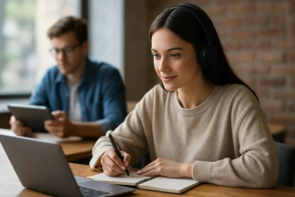 Mladá žena sa učí prostredníctvom digitálneho vzdelávania v modernom prostredí.