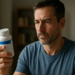 Muž skúma fľašu výživového doplnku Urotrin na zlepšenie mužského zdravia.