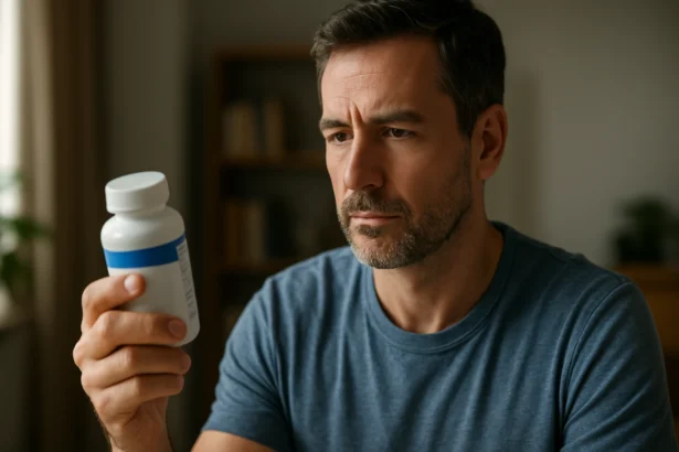 Muž skúma fľašu výživového doplnku Urotrin na zlepšenie mužského zdravia.