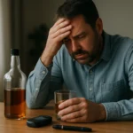 Muž so sklenkou alkoholu a glukomerom, znepokojený zdravotným stavom.