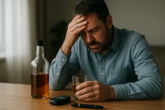 Muž so sklenkou alkoholu a glukomerom, znepokojený zdravotným stavom.