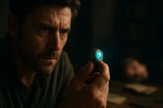 Muž skúma tajomný prsteň Atlantídy s modrým svetlom.