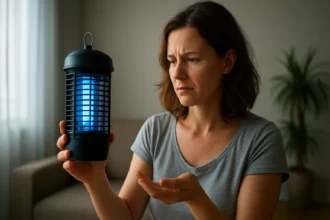 Žena skúma elektrický lapač hmyzu v interiéri