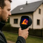 Muž používa termovíznu kameru na diagnostiku budovy.