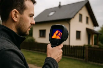 Muž používa termovíznu kameru na diagnostiku budovy.