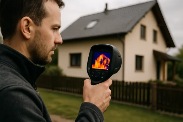 Muž používa termovíznu kameru na diagnostiku budovy.