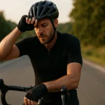 Cyklista odpočíva po náročnej jazde na prázdnej ceste.