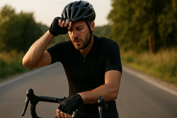 Cyklista odpočíva po náročnej jazde na prázdnej ceste.