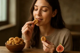 Žena vychutnáva si sušené figy s tanierom figov