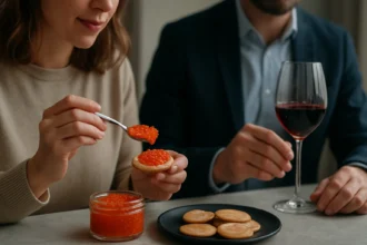 Žena s lyžičkou kaviáru na chrumkavej placke a pohárom vína