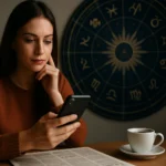 Žena sledujúca svoj horoskop na mobilnom telefóne s kávou