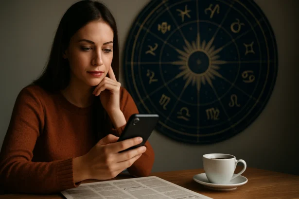 Žena sledujúca svoj horoskop na mobilnom telefóne s kávou