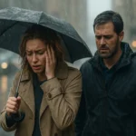 Žena s rukou na hlave trpí v daždivom počasí, muž za ňou vyzerá znepokojene.