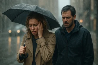 Žena s rukou na hlave trpí v daždivom počasí, muž za ňou vyzerá znepokojene.