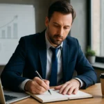 Muž v obleku píše podnikateľský plán s laptopom