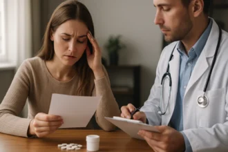 Žena diskutuje so zdravotníkom o zdravotných rizikách hexachlorofénu.