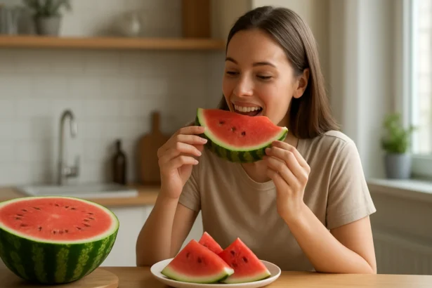 Žena si vychutnáva melón v kuchyni, zdravá strava.