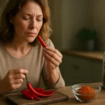 Žena skúma čili papričky a ich kapsaicín pre zdravie.