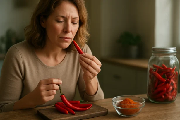 Žena skúma čili papričky a ich kapsaicín pre zdravie.