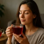 Žena vychutnávajúca si šálku červeného čaju v útulnom prostredí.