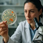 Vedkyňa skúma baktérie v petriho miske na laboratórnom stole.