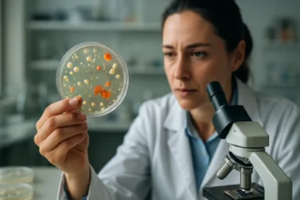 Vedkyňa skúma baktérie v petriho miske na laboratórnom stole.