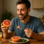 Muž si užíva grapefruit a zdravé jedlo pri stole.