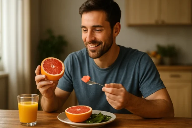 Muž si užíva grapefruit a zdravé jedlo pri stole.