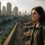 Žena stojí nad mestom, kde sa spája urbanizácia a chudoba.