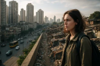 Žena stojí nad mestom, kde sa spája urbanizácia a chudoba.