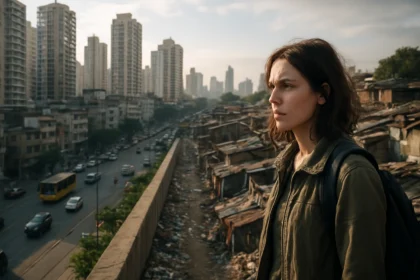 Žena stojí nad mestom, kde sa spája urbanizácia a chudoba.
