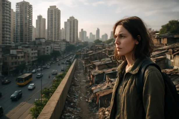 Žena stojí nad mestom, kde sa spája urbanizácia a chudoba.
