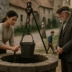 Žena s vedrom pri historickej verejnej studni v dedinskej scenérii