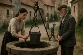 Žena s vedrom pri historickej verejnej studni v dedinskej scenérii