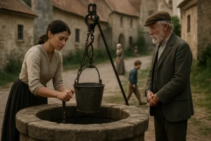 Žena s vedrom pri historickej verejnej studni v dedinskej scenérii