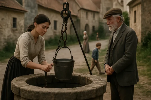 Žena s vedrom pri historickej verejnej studni v dedinskej scenérii