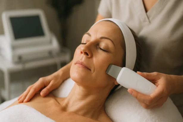 Žena podstupuje ultrazvukovú starostlivosť o pleť pre mladší vzhľad.