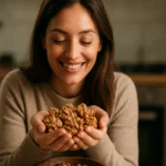 Žena sa usmieva a drži orechy v rukách, symbol zdravého stravovania.