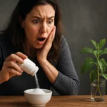 Žena prekvapená pri používaní stévie ako sladidla.